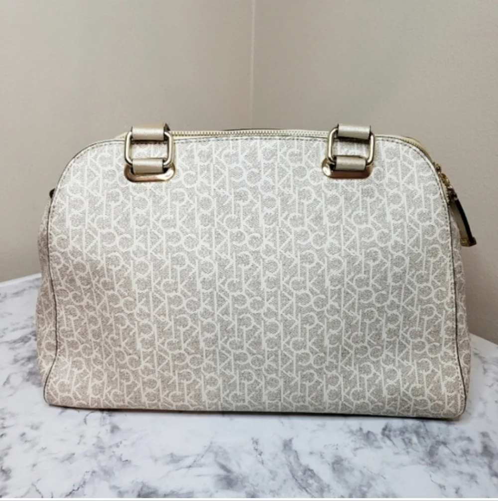 Calvin Klein Large Almond Monogram Satchel - Like New | Metallic Gold & Cream